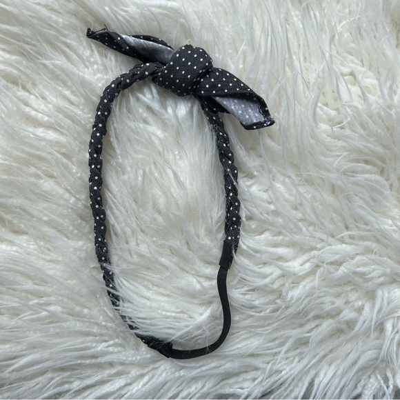 Dark Denim with White Polka dots Braided and top knot bow Headband - Picture 2 of 4